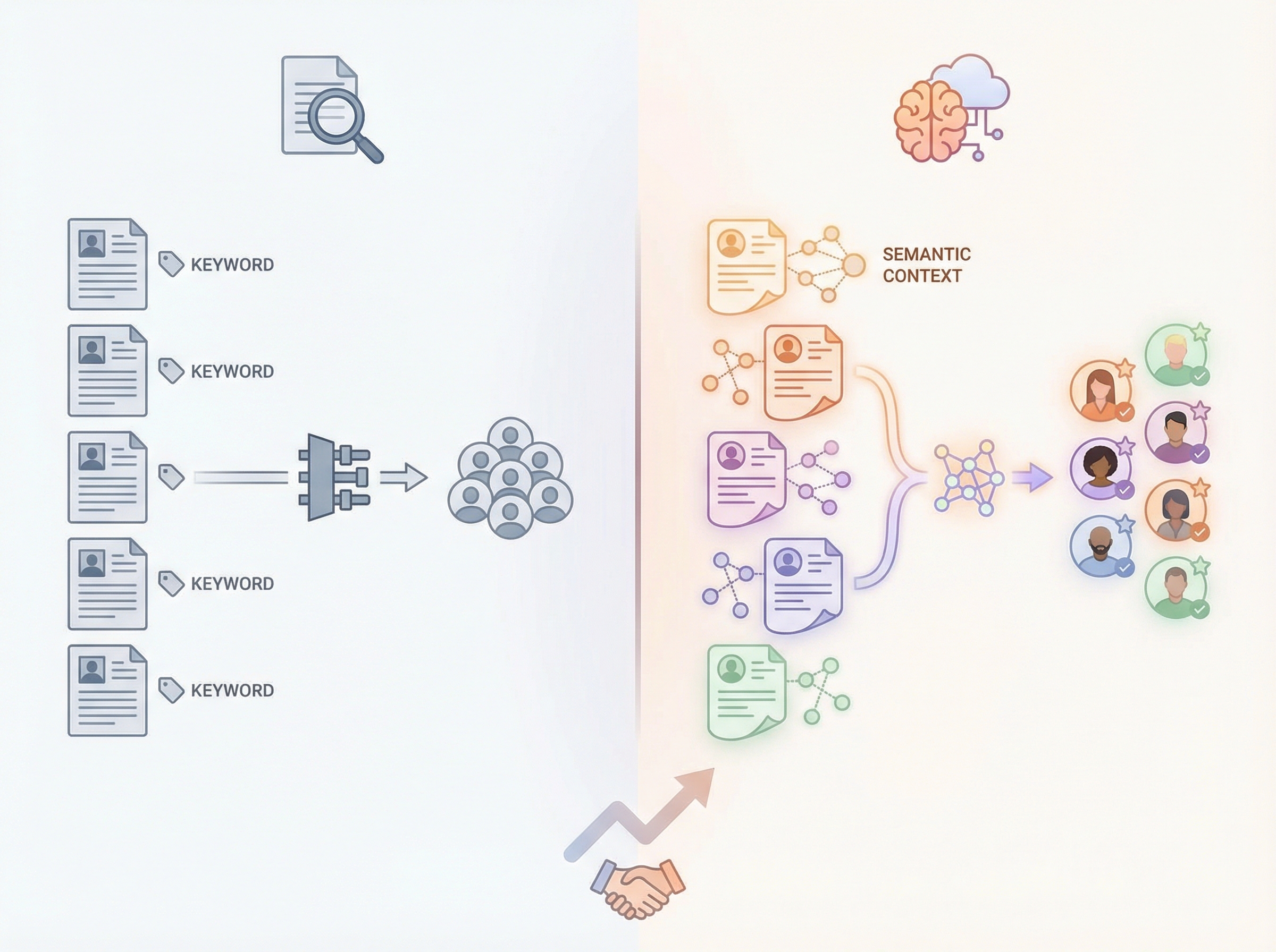 Why Semantic Matching Beats Keywords. Compare keyword matching vs semantic matching resumes. Learn h...